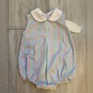 NWT Lullaby Set Pastel Rainbow Striped Collared Collier Bubble Romper, girls 12M